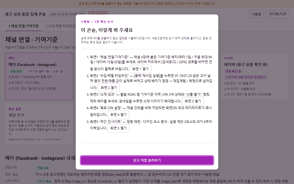 4채널 광고 성과 통합 집계 콘솔 화면