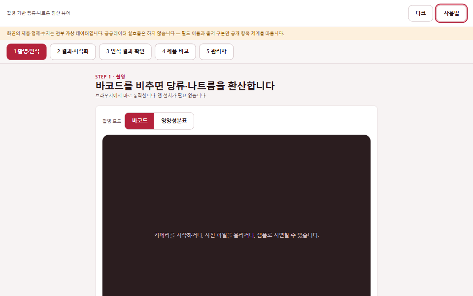 당류·나트륨을 각설탕으로 보여주는 뷰어 화면