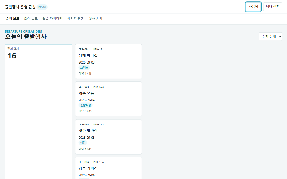여행사 좌석·예약·손익 콘솔 데모 화면
